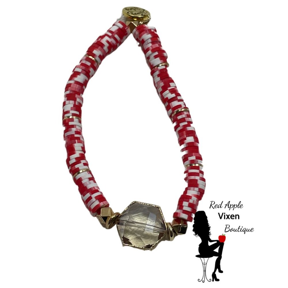 Red & White Christmas Candy Cane Heishi Crystal Glass Encased In 18K Gold Bracel